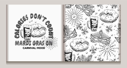 Fototapeta premium Set of Mardi Gras pattern, label with king cake, full glass of beer, beads, masks, trinket, Fleur de Lis sign. Festive holiday design. Vintage illustration for prints, clothing, surface design. Not AI