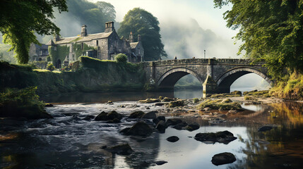 Old medieval stone bridge and Highlands river, English rural landscape  