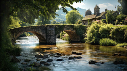 Fototapeta na wymiar Old medieval stone bridge and Highlands river, English rural landscape 