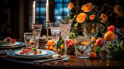 Obraz premium A picturesque view of a New Year's table setup with elegant glassware, sparkling candles, and a centerpiece bursting with color.
