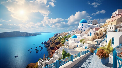 Beautiful iconic landscape of Greece cost with white  houses on mountain and blue sea water at sunny summer day - Powered by Adobe