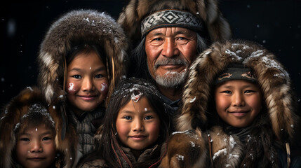 Native people of North,  Evenks family portrait in fir charts and hats  - obrazy, fototapety, plakaty