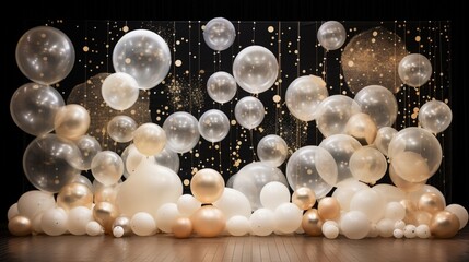 Chic and modern birthday party setup featuring realistic transparent balloons filled with confetti against a stylish backdrop.