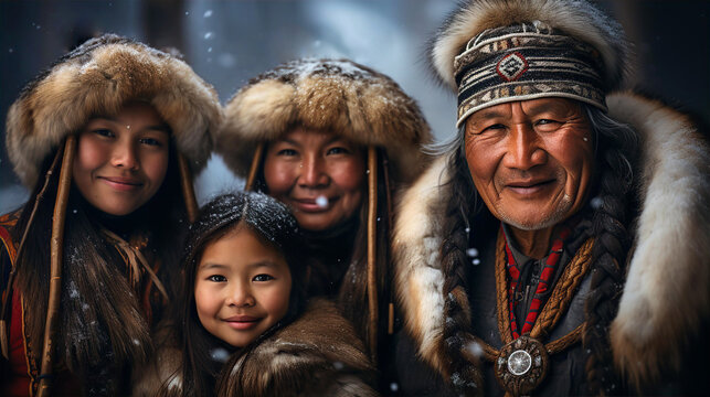 Native people of North,  Evenks family portrait in fir charts and hats 