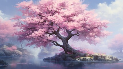 Sakura tree in full bloom with delicate pink petals falling softly against a serene pond backdrop. - obrazy, fototapety, plakaty
