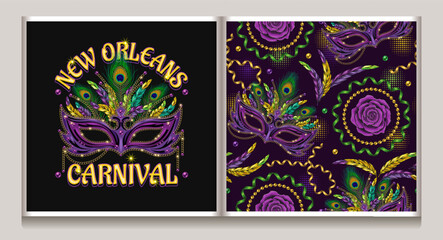 Seamless pattern, label with carnival masquerade masks, feathers, party streamers, rose flower on dark background. Detailed vintage illustration for prints, apparel, clothing, surface design. Not AI