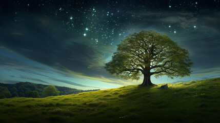 Moon and stars over tuscan meadow and lone tree