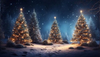 Naklejka premium Enchanting Winter Wonderland Magical Forest with Christmas Trees and Glowing Lights, Generative Al