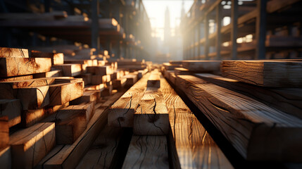 Sawmill. Wooden planks at a sawmill or in a carpentry workshop. Sawing and drying of wood. Woodworking industry