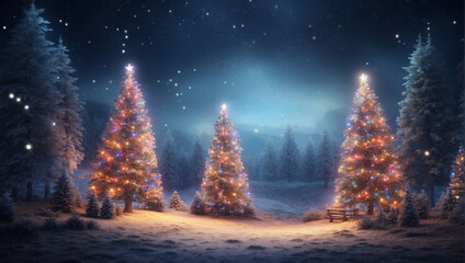 Enchanting Winter Wonderland Magical Forest with Christmas Trees and Glowing Lights, Generative Al