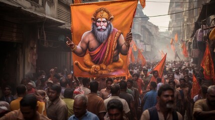 A procession of devotees carrying a colorful Hanuman banner through the streets.