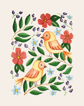 Ilustra&ccedil;&atilde;o em aquarela de p&aacute;ssaros e flores 