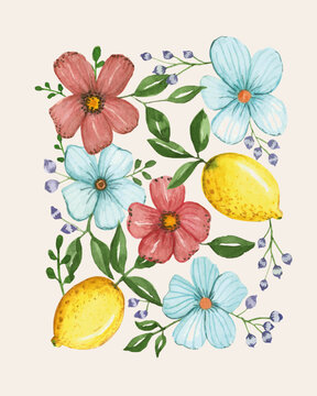 Ilustra&ccedil;&atilde;o em aquarela de composi&ccedil;&atilde;o de flores e lim&otilde;es 