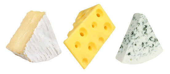 Set, different, delicious, cheeses, white, background, Blue cheese, camembert, maasdam, variety,...