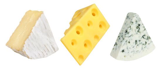Set, different, delicious, cheeses, white, background, Blue cheese, camembert, maasdam, variety, assortment, gourmet, dairy, appetizer, culinary, tasty, culinary, creamy, wedges, slices, crumbly, arom