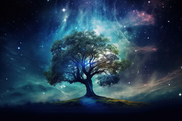 Tree on the background of the starry sky and milky way, generative ai 