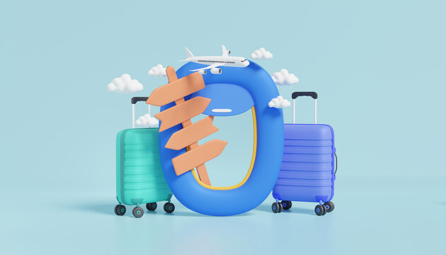 3d render flight travel with window airplane signpost mockup, tourism plane vacation trip planning world tour luggage suitcase, leisure touring holiday summer concept. adventure tour. banner