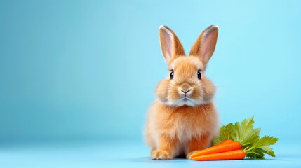Easter greeting card. Fluffy funny beige rabbit with carrots on a blue background. I generated illustration.