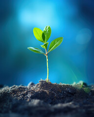 vibrant young tree sprout against a blurred blue background symbolizes the concept of business startup, investment, and the potential for success, generative ai 