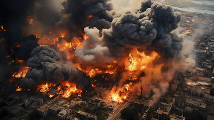 war, explosions in the city, top view. A huge column of smoke above the houses. Destroyed buildings, war, conflict, generative ai