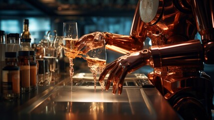A robotic bartender skillfully mixing and serving a complex cocktail with precision.