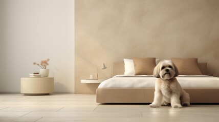 Cute Lhasa Apso dog rest lying on bed picture