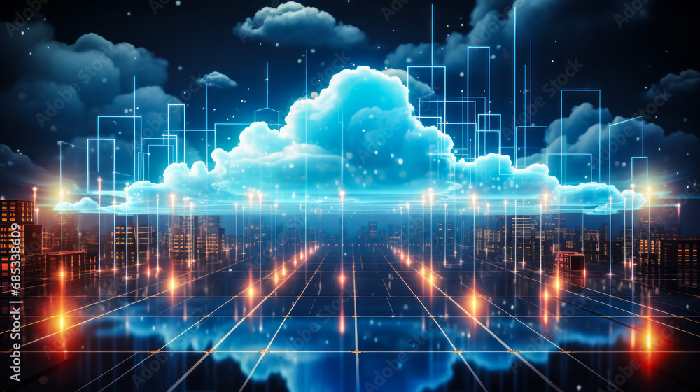Poster digital illustration of cloud computing network with glowing blue clouds and data streams on a futur
