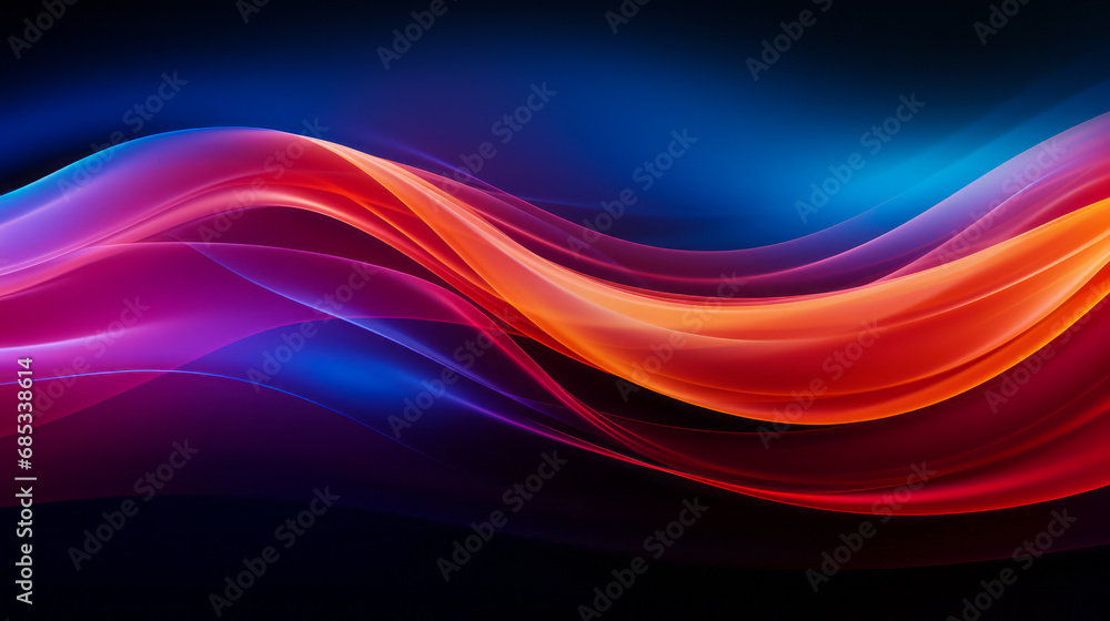 Poster vibrant abstract wavy background with flowing blue and red gradient lines on a dark canvas, illustra