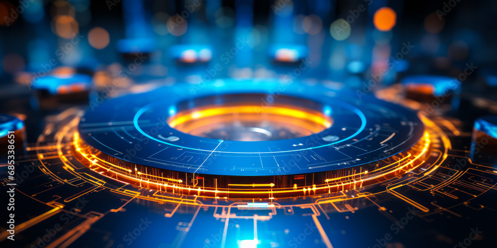 Poster advanced futuristic interface technology with circular glowing blue hud and circuit lines on dark ba