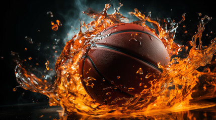 Basketball in motion, orange liquid splash commercial shot