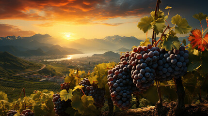 Ripe grapes hung on vineyards of grape trees. In the morning vineyard. - obrazy, fototapety, plakaty