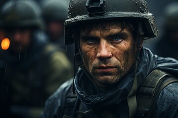 tired squad of soldiers in a helmet