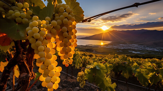 White grapes on a vine in a vineyard on a sunset