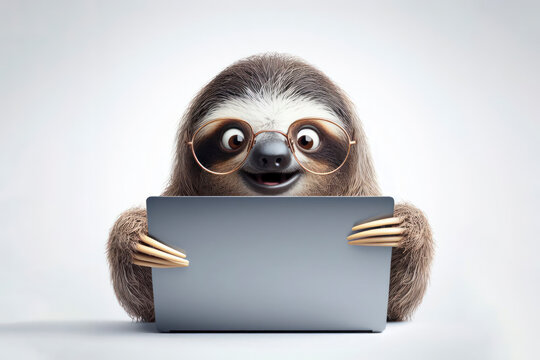 sloth with glasses and a surprised look on her face is looking at a laptop on solid white background. ai generative