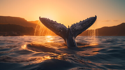 Fototapeta premium the tail of a whale sticking out of the water in the ocean during sunrise
