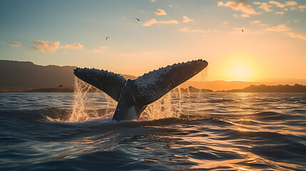 Fototapeta premium the tail of a whale sticking out of the water in the ocean during sunrise