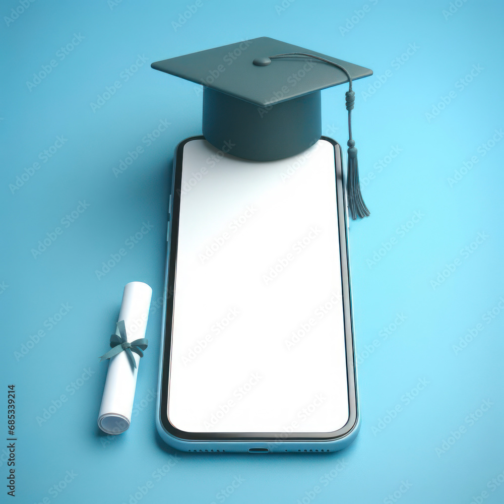 Poster smartphone with mockup white screen and graduation hat on it on blure bokeh background. ai generativ