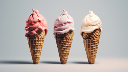 Delicious chocolate ice cream in crispy cones falling