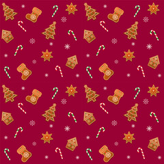 Holiday seamless pattern with different christmas gingerbread. Christmas tree, star, sock, candy, house. Vector illustration on a red background with snowflakes. For wrapping, textile, seasonal decor.