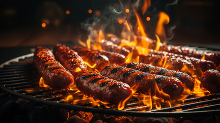 Grilled juicy sausages on a grill with fire. Shallow depth of field - obrazy, fototapety, plakaty