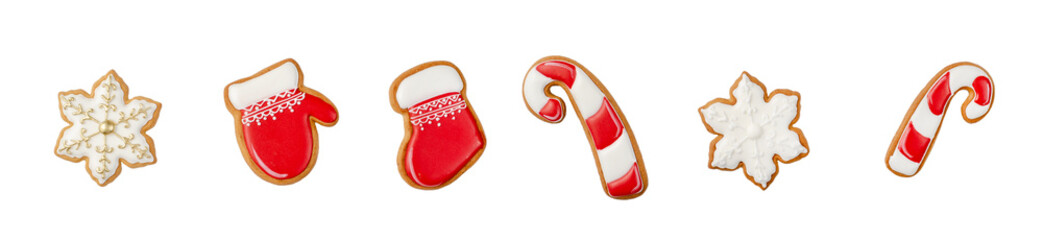 Gingerbread Cookies on White Background, Glazed Cookies with Sugar Icing Decoration, Christmas Cookies