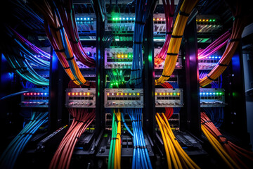 Neon Network: A server aglow with neon lights and tangled wires, depicting the complexity and vitality of modern digital connections - obrazy, fototapety, plakaty