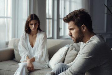 A saddened man in a troubled relationship occupies the couch, his partner's unhappiness evident, portraying couple discord and an impending separation - obrazy, fototapety, plakaty