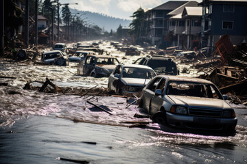 Tsunami disaster aftermath: cars submerged on flooded city streets