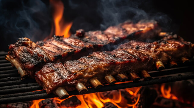 bbq pork ribs cooking on flaming grill shot with selective focus