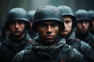 A squad of soldiers walks in the rain wearing helmets - obrazy, fototapety, plakaty