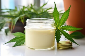 Obraz na płótnie Canvas Showcase the holistic essence of CBD-infused products with a compelling photo featuring a jar of hemp-derived cream a captivating mockup promising a journey into the world of well-being
