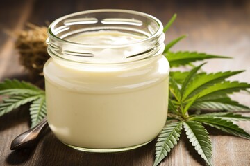 Obraz na płótnie Canvas Delight in the soothing properties of hemp-derived cream with an enticing photo showcasing a jar filled with the natural goodness of CBD