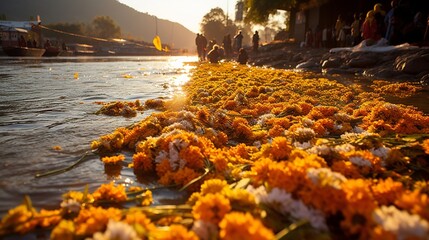 A sacred riverbank adorned with marigold garlands, where devotees immerse Ganesh idols during the annual festival.