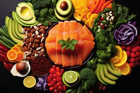 This image showcases a nutritional ensemble of vitamin A-rich fare, from bright orange carrots and juicy mangoes to nutrient-packed spinach, sweet peppers, and rich salmon